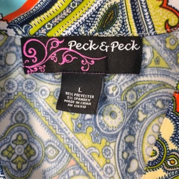 Peck & Peck Women Paisley Tunic Top L Green Multicolor‎ Stretch Boho Retro Artsy - Picture 2 of 8
